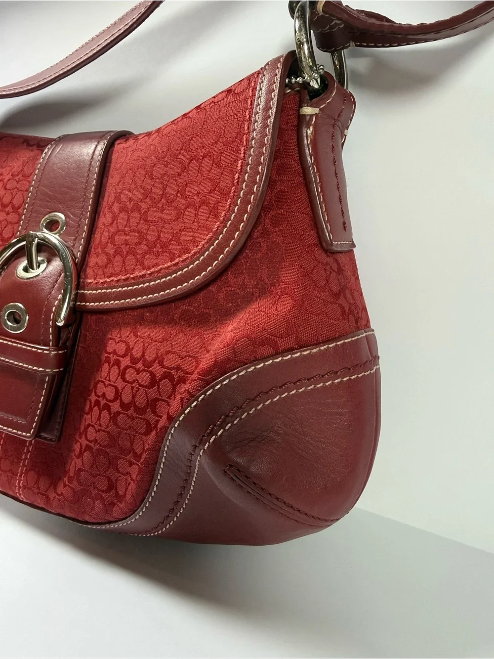 Y2K Coach Red Signature Canvas Shoulder Bag with Buckle Accent